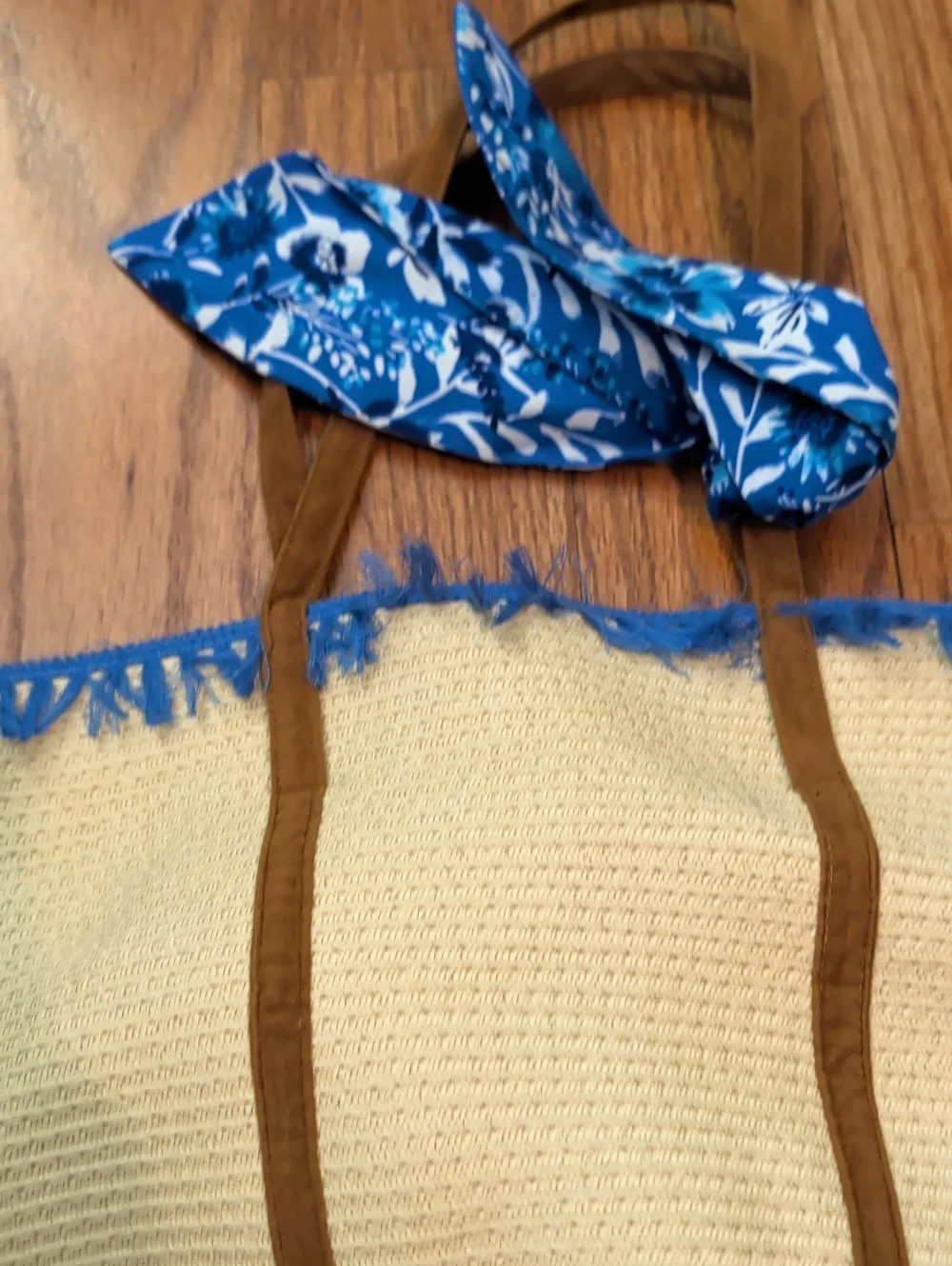 Cream Beach Tote with Blue Trim and Scarf